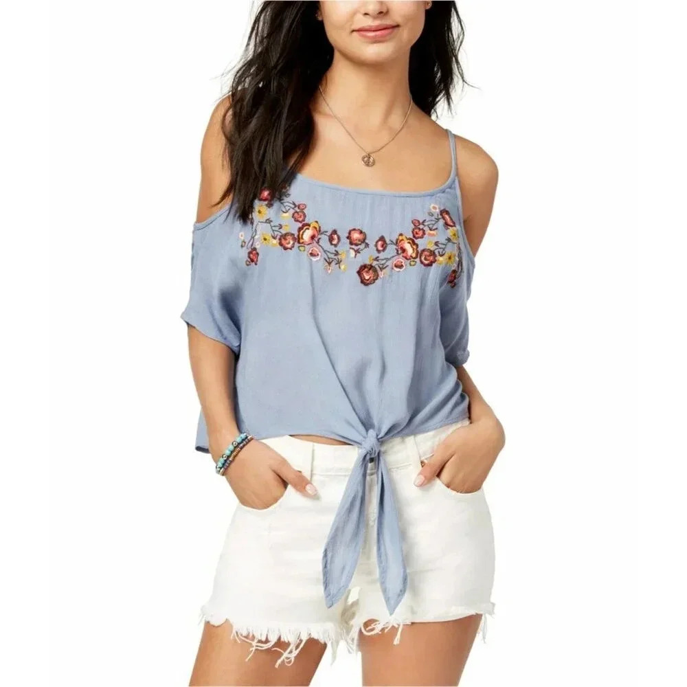 POLLY & ESTHER Blue Embroidered Cold-Shoulder Cropped Tank NWT M